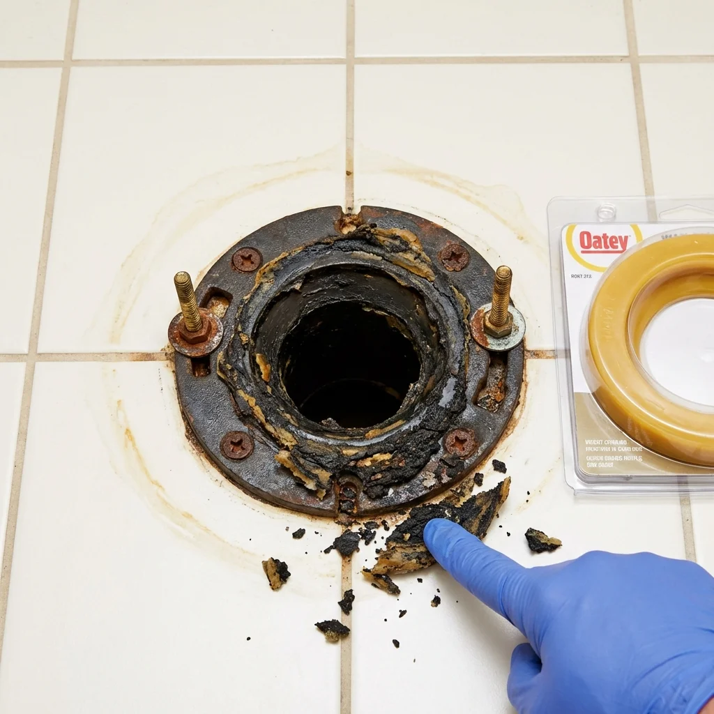 Failed wax ring showing water seepage at the base of a toilet in a Harrison, ME home