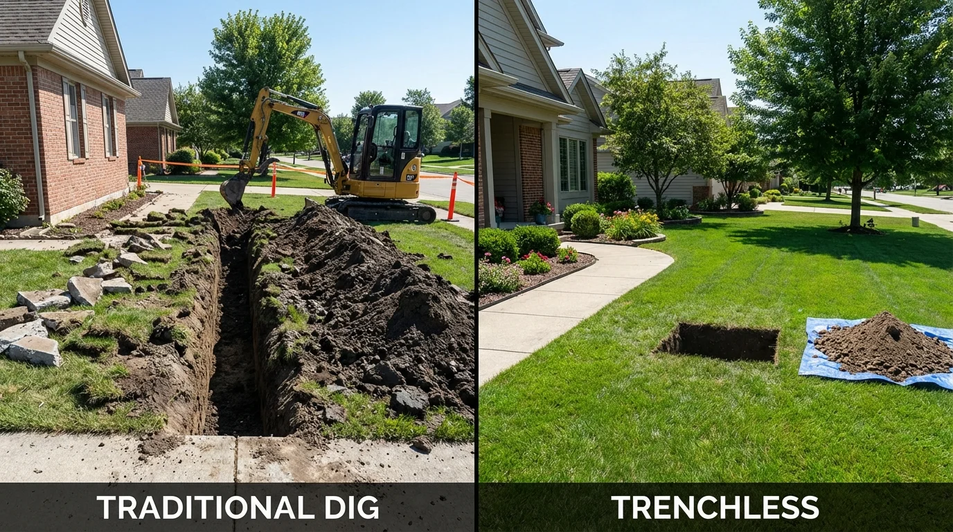 Trenchless sewer repair with minimal yard damage versus traditional excavation in Harrison, ME